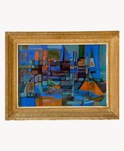 Framed abstract painting featuring geometric shapes and bold colors like blue, orange, and green, resembling a harbor scene with boats and buildings. The golden frame contrasts with the vibrant, modern composition.