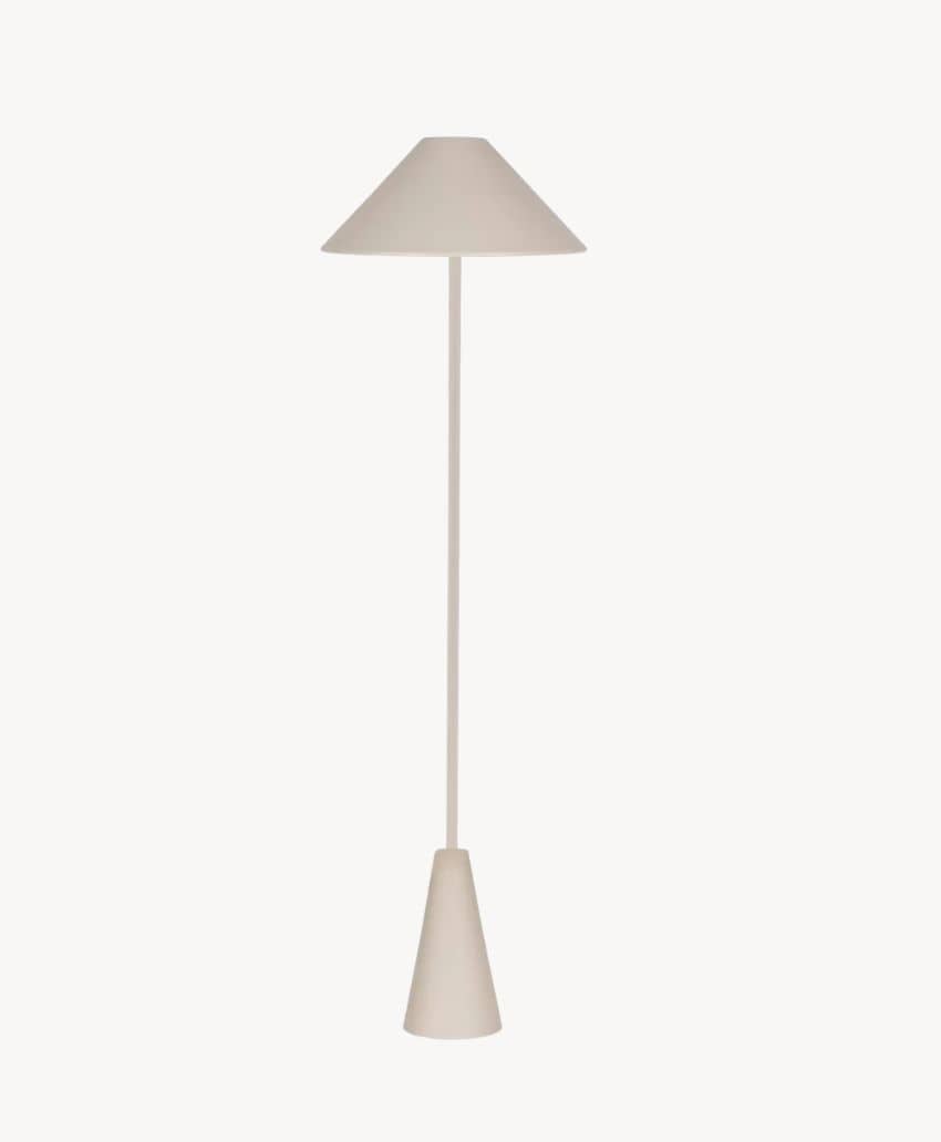 Minimalist beige floor lamp with a cone-shaped base, a slender pole, and a wide, cone-shaped lampshade, set against a plain white background.