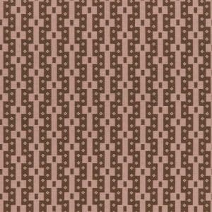 A repeating geometric pattern with pink and brown shapes, featuring crosses, rectangles, and small diamond designs, creating a symmetrical, tiled effect.