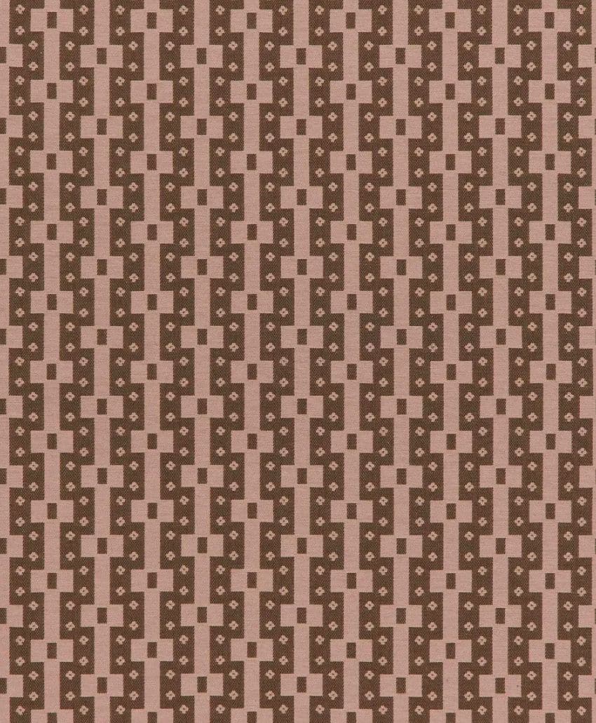 A repeating geometric pattern with pink and brown shapes, featuring crosses, rectangles, and small diamond designs, creating a symmetrical, tiled effect.