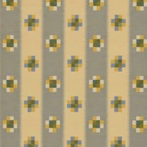 A geometric pattern featuring vertical beige and gray stripes with rows of pixelated cross shapes in yellow, green, blue, and white, creating a repeating, symmetrical design.
