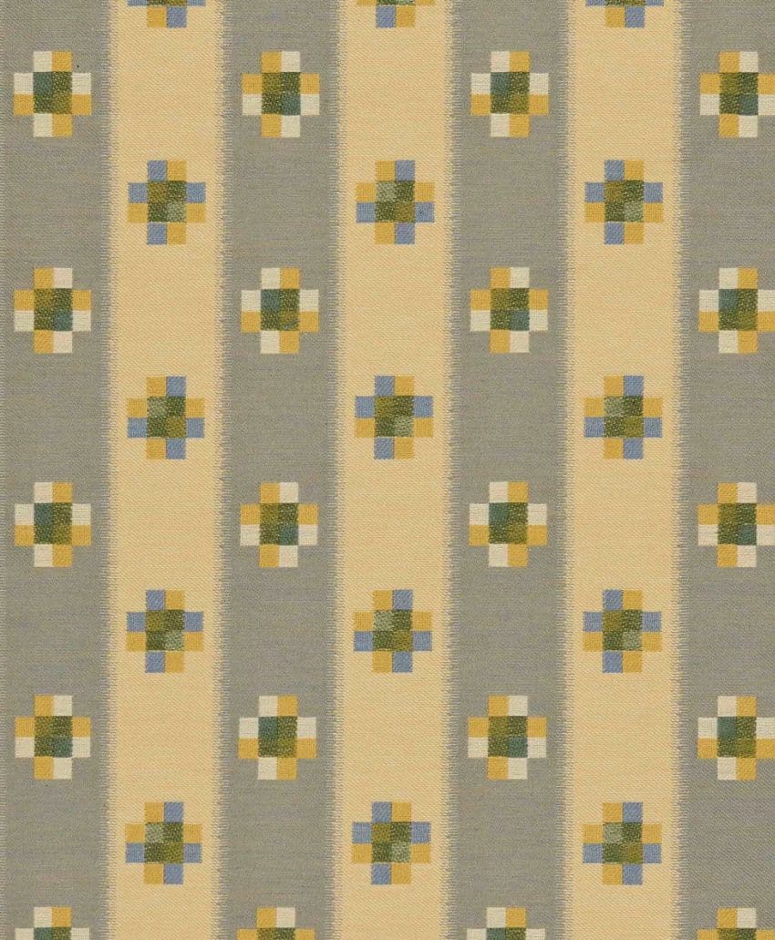 A geometric pattern featuring vertical beige and gray stripes with rows of pixelated cross shapes in yellow, green, blue, and white, creating a repeating, symmetrical design.