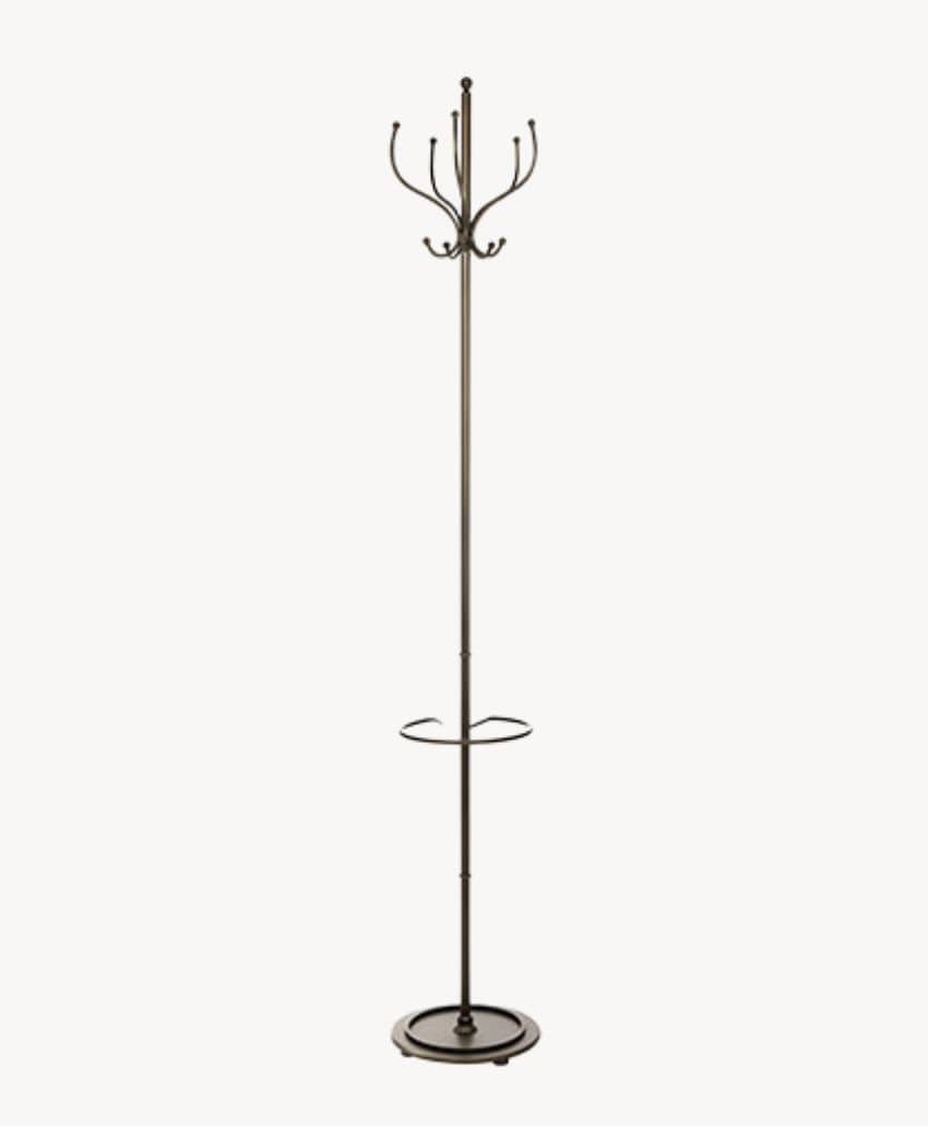 A tall, freestanding metal coat rack with multiple curved hooks at the top and a circular ring halfway down for holding umbrellas, set against a plain white background.