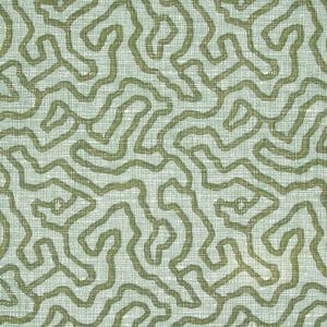 Green abstract squiggly lines forming an irregular, maze-like pattern on a pale, textured background resembling a fabric or wallpaper design.