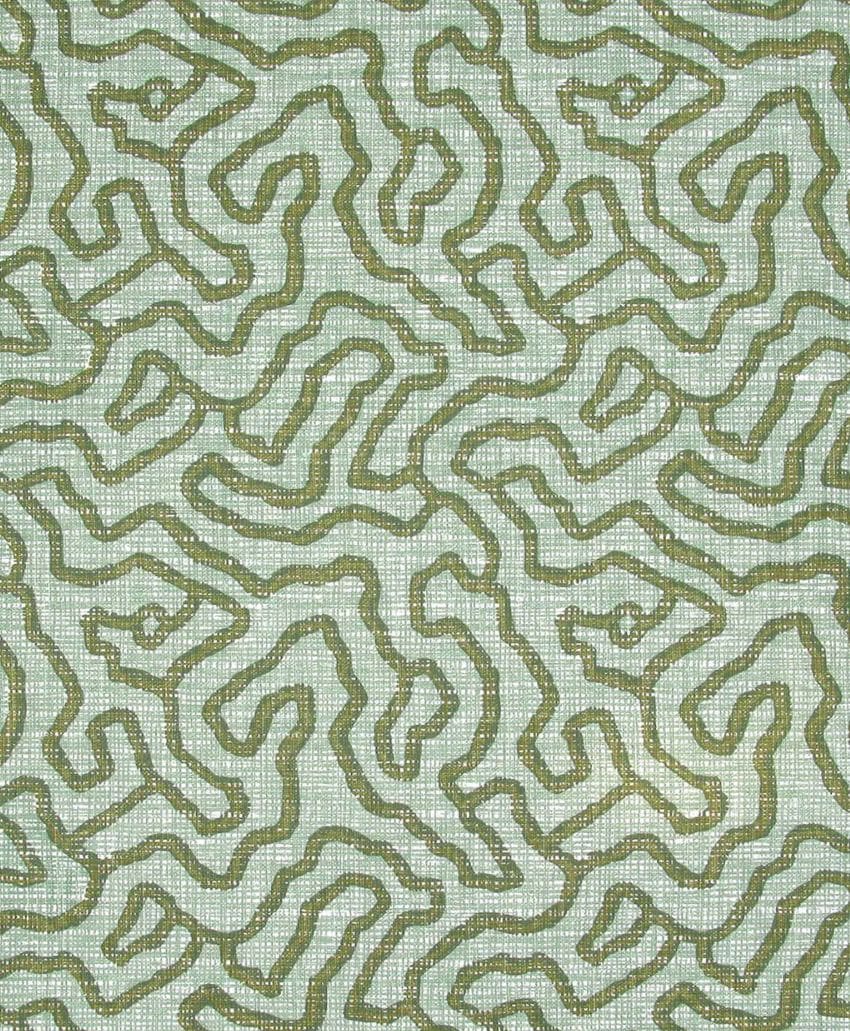Green abstract squiggly lines forming an irregular, maze-like pattern on a pale, textured background resembling a fabric or wallpaper design.