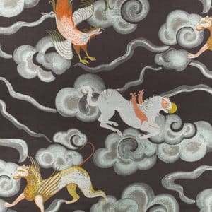 A patterned design featuring mythical creatures, including a bird and lion-like beasts, among swirling clouds on a dark background. The creatures are illustrated in shades of gold, white, and orange.