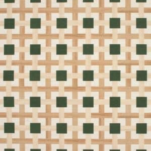A geometric pattern featuring a grid of green squares intersected by tan and beige horizontal and vertical lines on a cream background. The design creates a woven, lattice-like effect.