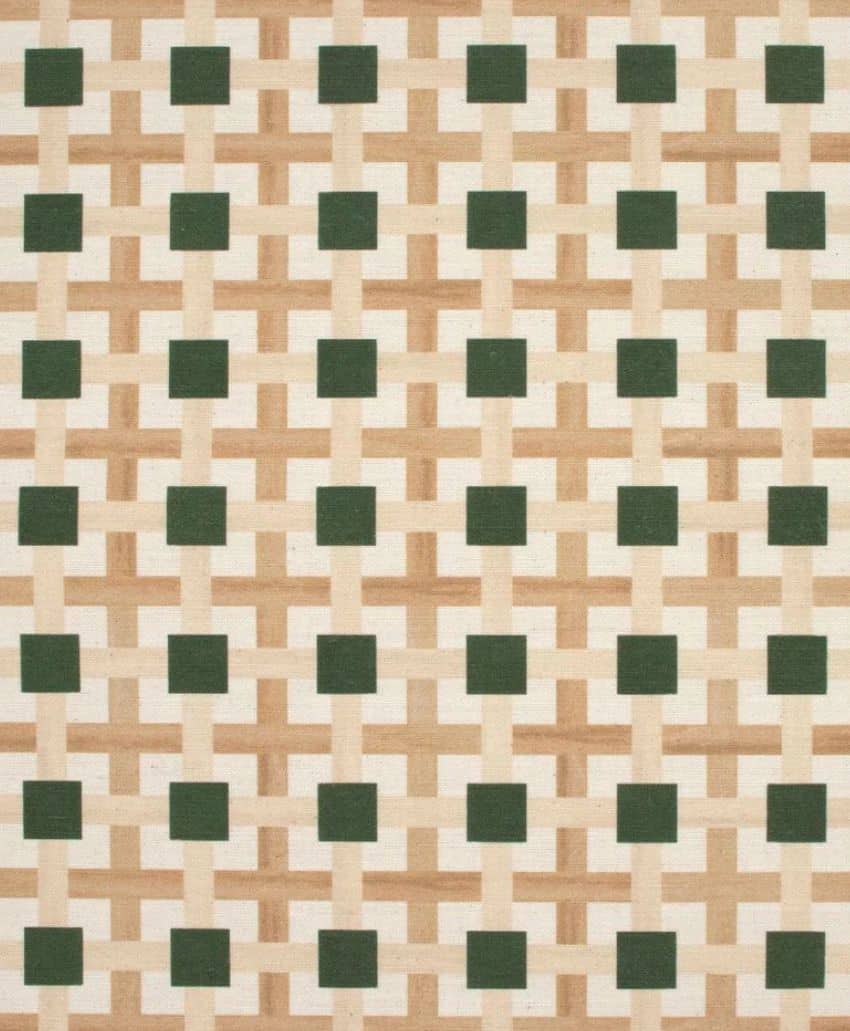 A geometric pattern featuring a grid of green squares intersected by tan and beige horizontal and vertical lines on a cream background. The design creates a woven, lattice-like effect.