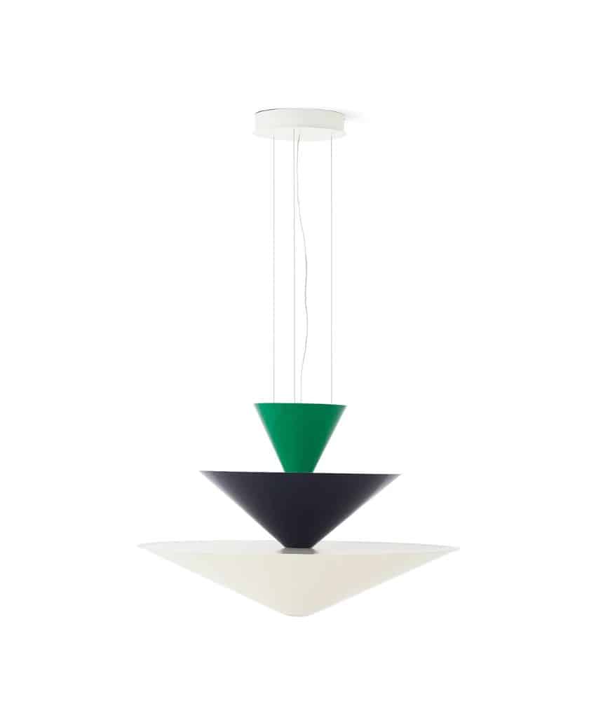 A modern pendant light with three stacked, inverted cone shapes in green, black, and white, suspended by thin wires from a round white ceiling mount.