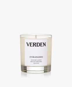 A clear glass candle labeled VERDEN DORANGERIE with white wax and a single wick, placed against a plain white background.