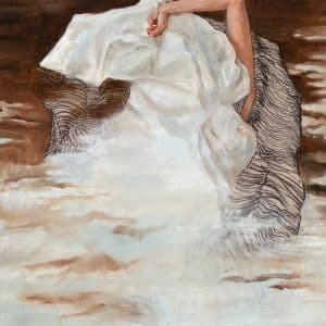 A painting shows a partially visible arm holding up a large, crumpled white sheet that blends into a brown and white abstract background, with swirling lines and misty, cloud-like areas.