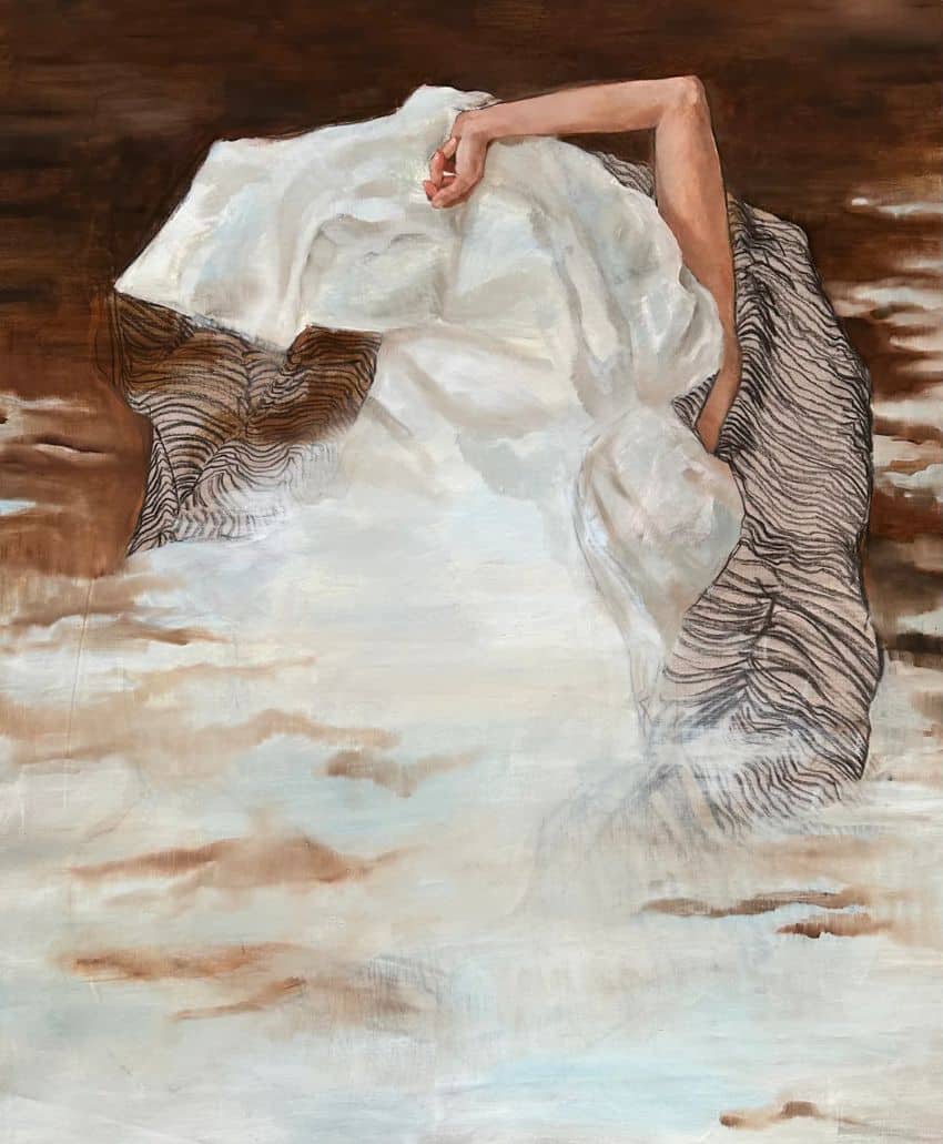 A painting shows a partially visible arm holding up a large, crumpled white sheet that blends into a brown and white abstract background, with swirling lines and misty, cloud-like areas.