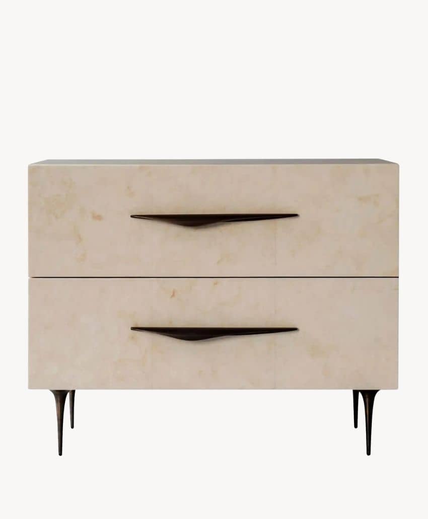 A modern beige two-drawer dresser with sleek, dark handles and slim, tapered black legs, set against a plain white background.