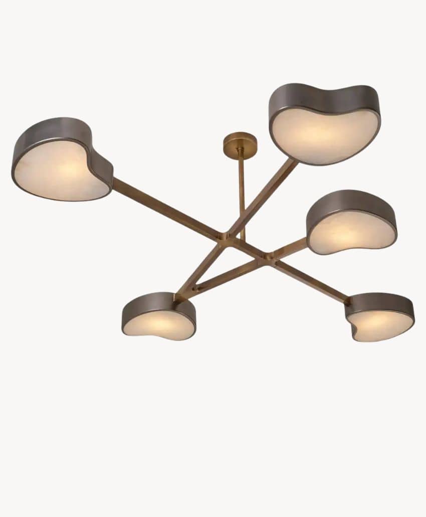 Modern ceiling light fixture with five circular, flat, and slightly rounded lampshades, each attached to an angled brass-colored metal arm, radiating from a central hub.