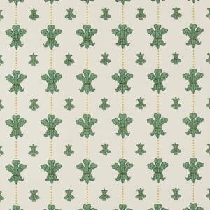 Repeating pattern of green stylized floral or leaf motifs, with alternating large and small designs, arranged in vertical lines separated by dotted yellow lines on a light beige background.