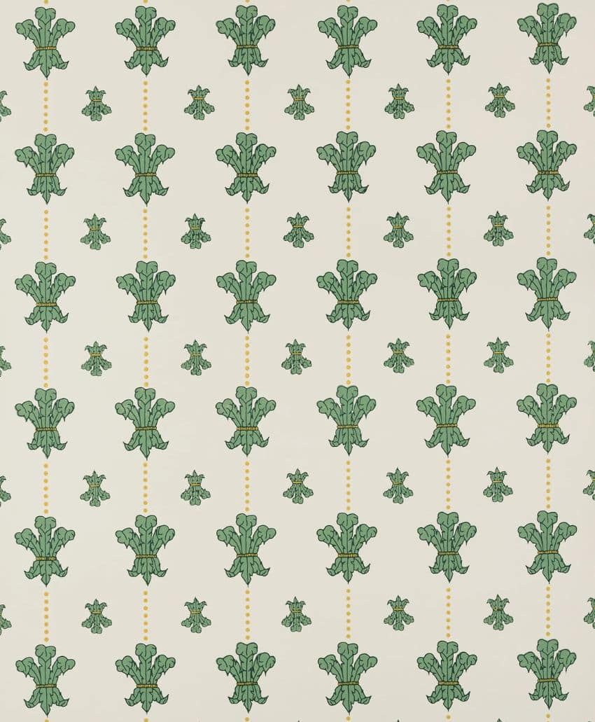 Repeating pattern of green stylized floral or leaf motifs, with alternating large and small designs, arranged in vertical lines separated by dotted yellow lines on a light beige background.