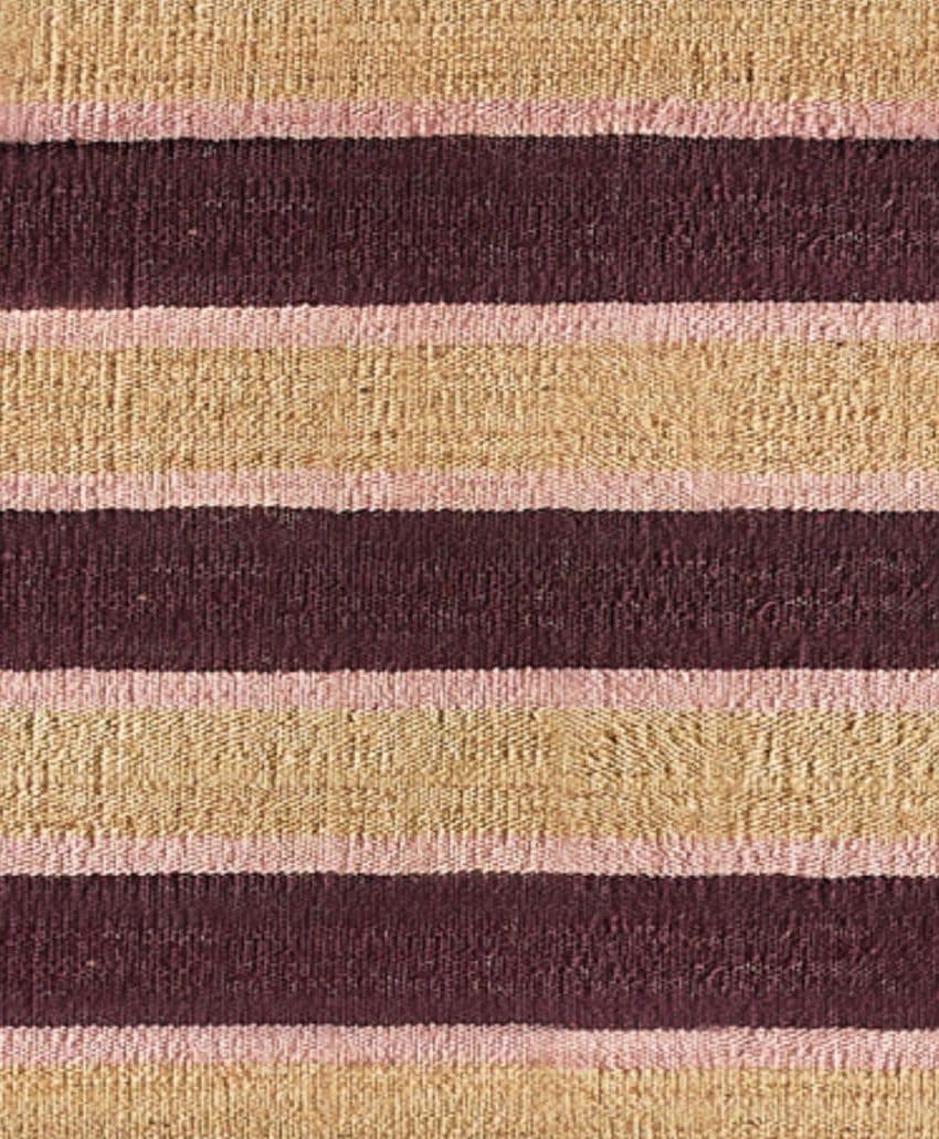 Woven fabric with horizontal stripes in alternating colors of beige, light pink, and deep burgundy, displaying a textured surface and a repetitive pattern.