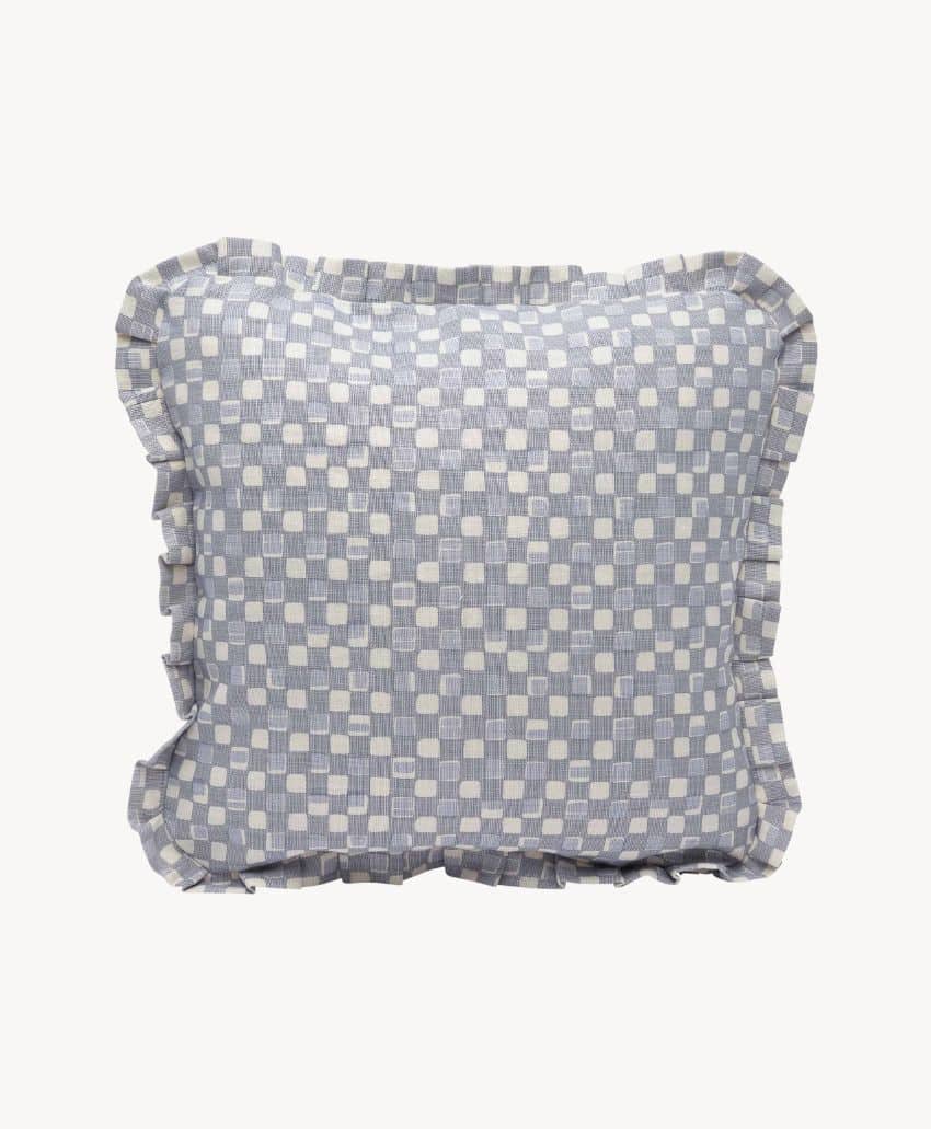 A rectangular pillow with a light blue and white checkered pattern and ruffled edges, displayed against a plain white background.