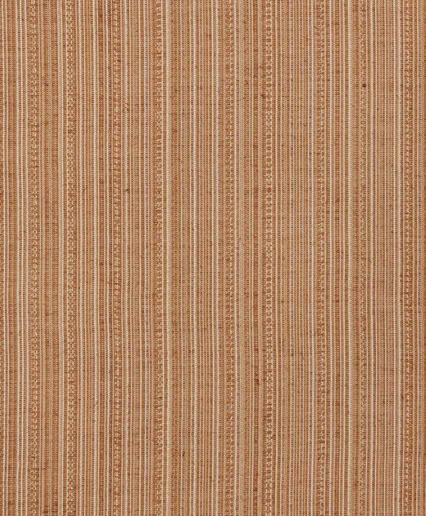 A close-up of a light brown fabric with a vertical striped pattern in beige and white, featuring small decorative details within some of the stripes. The texture appears woven and slightly coarse.
