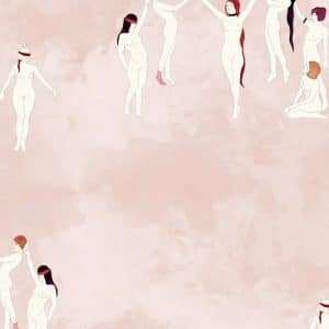 Minimalist illustration of nude women with different hairstyles, some standing, some holding hands, and some sitting, all against a muted pink background. The figures are spread across the image.