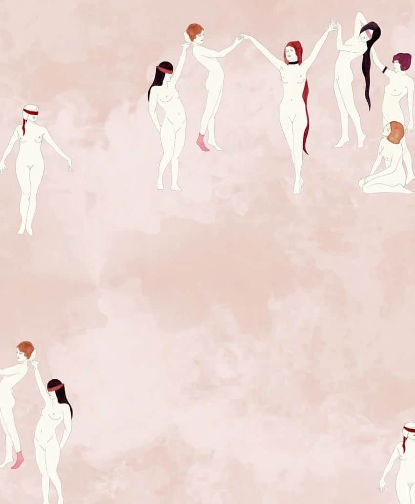 Minimalist illustration of nude women with different hairstyles, some standing, some holding hands, and some sitting, all against a muted pink background. The figures are spread across the image.