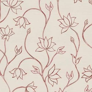A seamless pattern of red, outlined lotus flowers and winding stems on a light beige background, giving a delicate and elegant floral design.