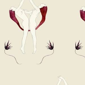 Minimalist line drawing of two nude figures intertwined, with maroon accents on their backs. Flower-like shapes are scattered on a light beige background, creating a repeating, abstract pattern.