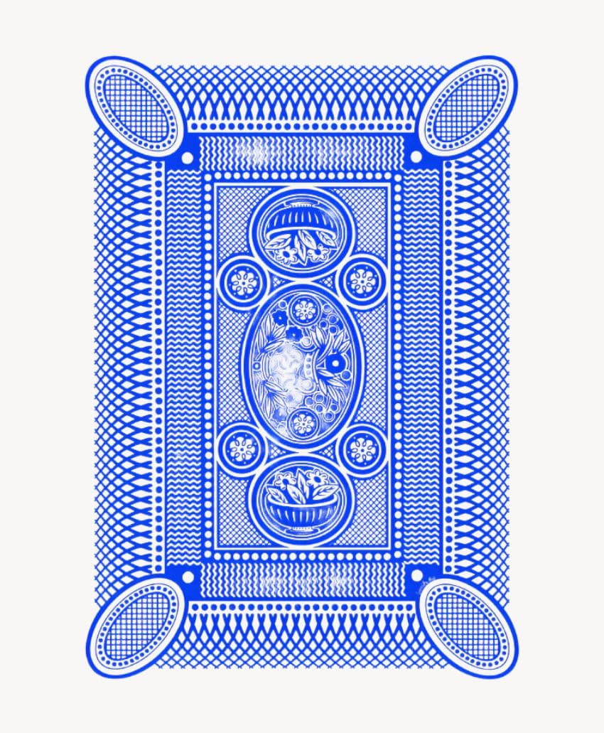 Intricate blue and white geometric pattern resembling a decorative rug or playing card back, featuring symmetrical ovals, circular motifs, and crosshatch details, all on a white background.