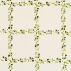 A cream-colored background features a grid pattern made of small, green leaf clusters arranged in horizontal and vertical lines intersecting at right angles.