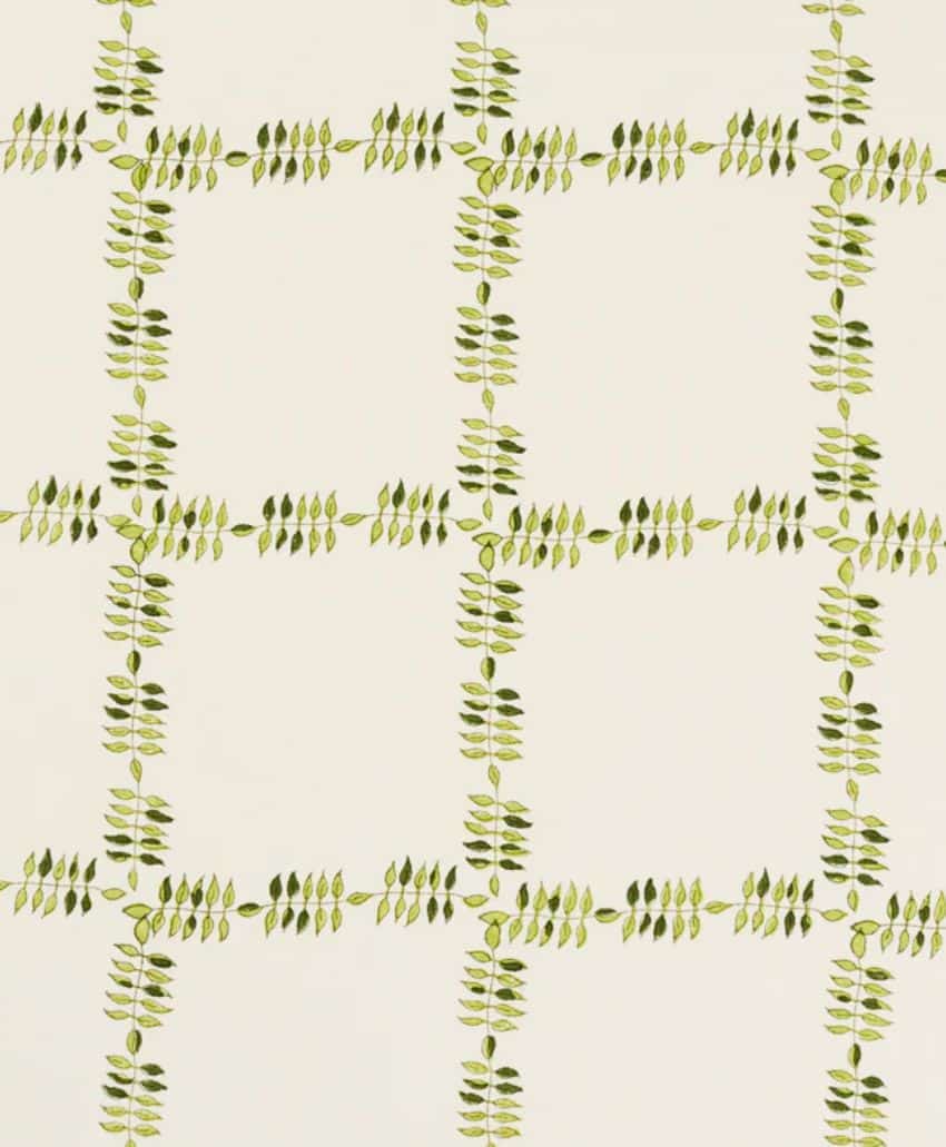 A cream-colored background features a grid pattern made of small, green leaf clusters arranged in horizontal and vertical lines intersecting at right angles.