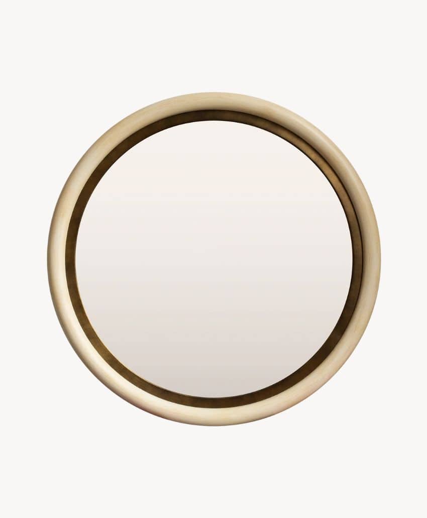 A round wall mirror with a gold metallic frame, shown against a plain white background.
