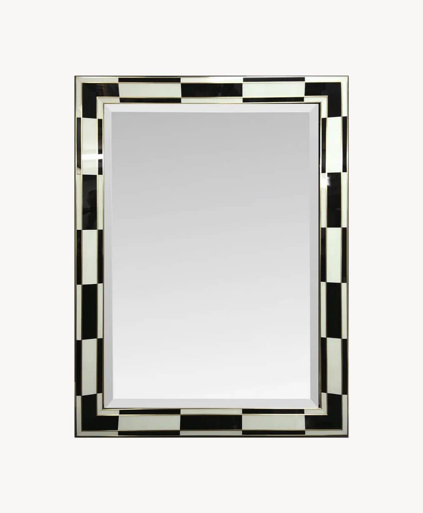 Rectangular mirror with a wide black and white checkered frame, featuring alternating squares around the border, and a plain reflective surface in the center.