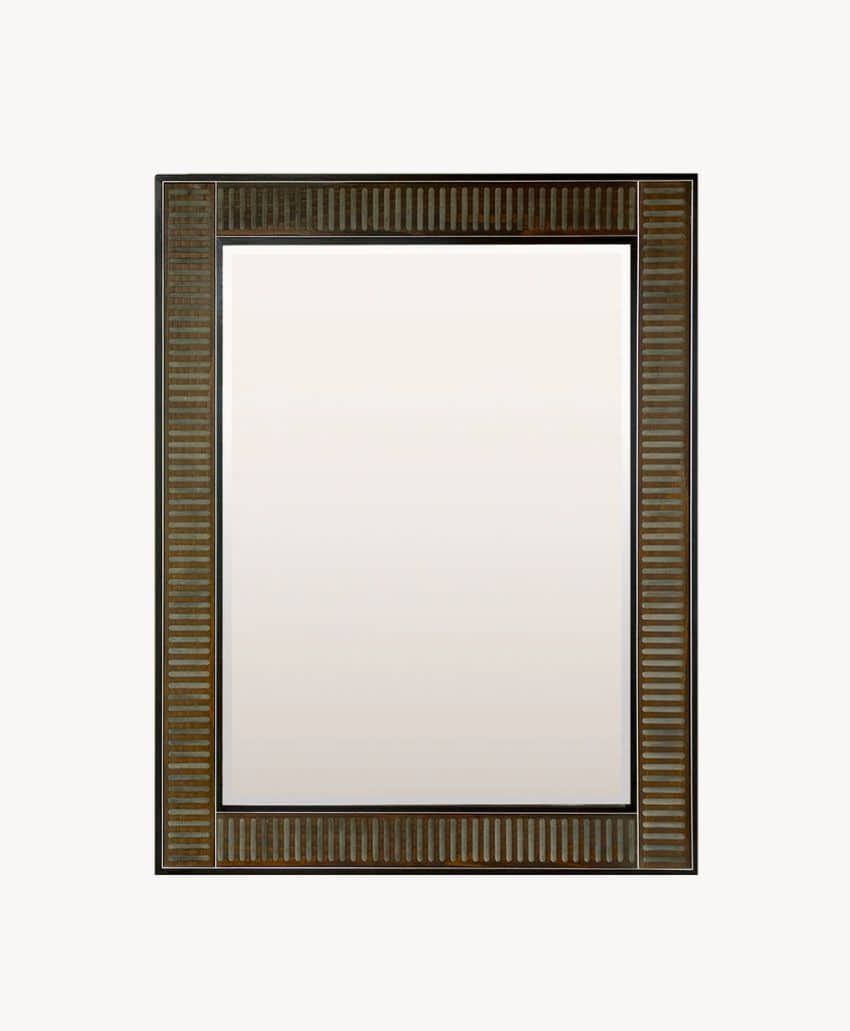 A rectangular wall mirror with a wide, textured brown frame featuring a vertical striped pattern on all four sides, set against a plain white background.