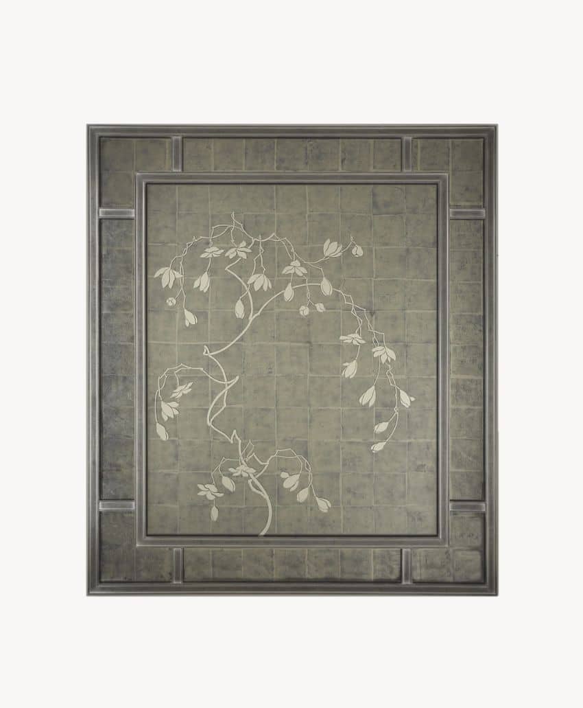 Square tile artwork with a raised border and a central panel featuring an elegant, white floral vine design on a muted, textured gray background. The flower stems form curved, flowing lines.