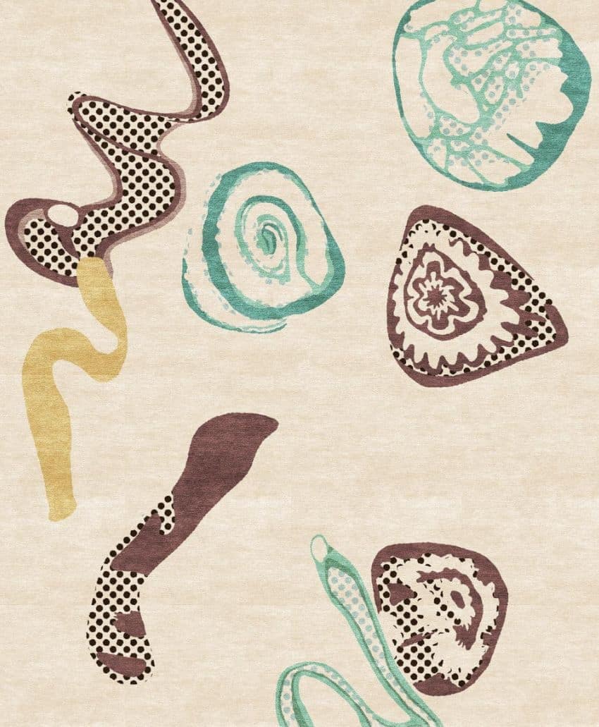 Abstract design featuring wavy lines, circles, and irregular shapes in brown, teal, yellow, and black on a light beige background. Patterns include dots, swirls, and textured areas.