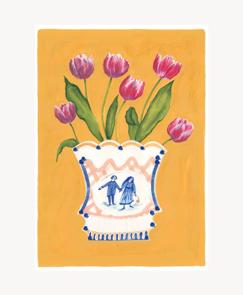 An illustrated vase with a blue design of two people holding hands, filled with pink tulips and green leaves, set against a warm orange background.