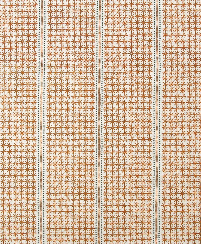 A repeating geometric pattern of small, reddish-brown star shapes arranged in a grid on a white background, divided by vertical dotted lines spaced evenly apart.