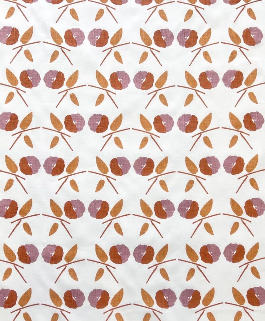 A repeating pattern of stylized flowers with brown petals and orange leaves on a white background. The flowers and leaves are arranged in diagonal rows, creating a simple, modern botanical design.