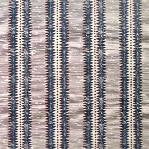 Patterned fabric with vertical zigzag stripes in blue, maroon, and beige tones. The stripes are closely spaced, creating a repetitive, geometric, and symmetrical design across the fabric.