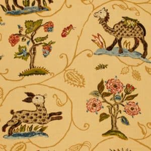 Whimsical fabric pattern featuring spotted deer, camels, and stylized trees with pink flowers on a light tan background, with winding vines and decorative leaves throughout.