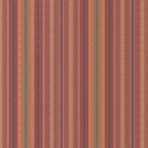 Vertical stripes in warm shades of red, orange, and gold, accented with thin blue and green lines, form a vibrant woven textile pattern with intricate, repeating geometric details.