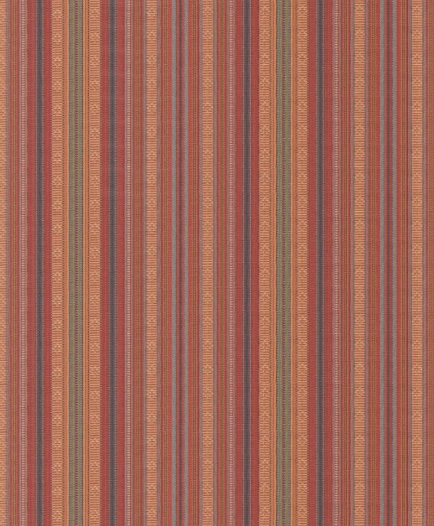 Vertical stripes in warm shades of red, orange, and gold, accented with thin blue and green lines, form a vibrant woven textile pattern with intricate, repeating geometric details.