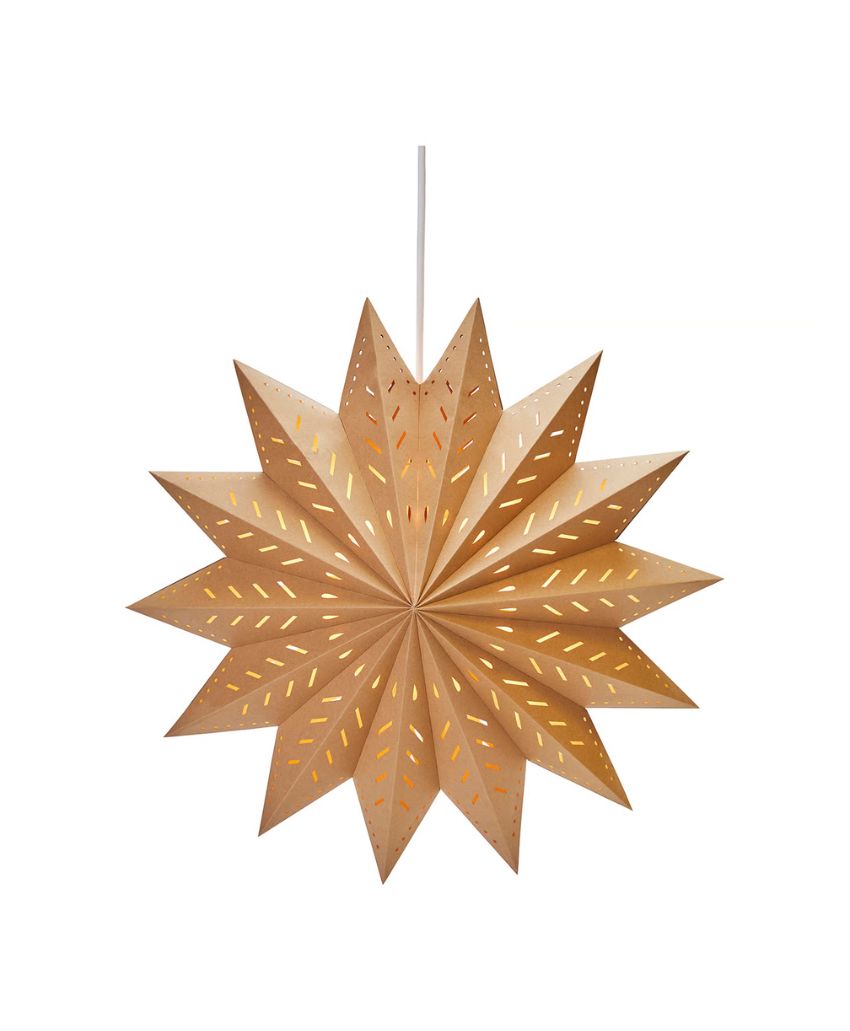A golden, paper star lantern with pointed edges hangs from a white cord. The lantern has small cut-out patterns, allowing a warm light to shine through. The background is plain white.