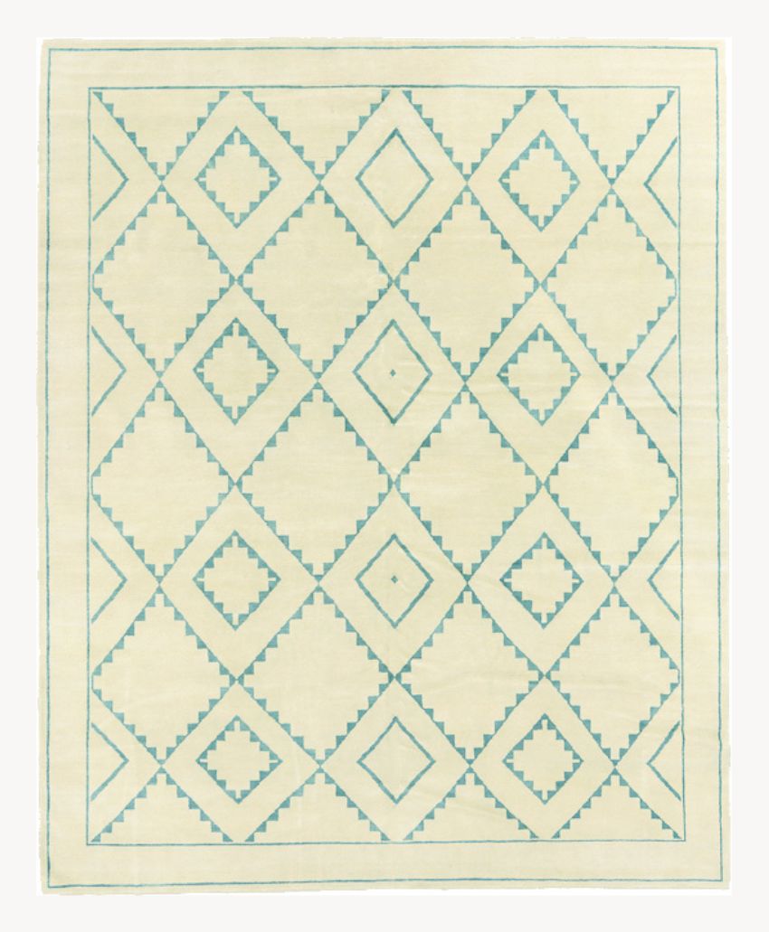A beige rug featuring a repeating geometric diamond pattern outlined in light blue, with a simple blue border around the edges.