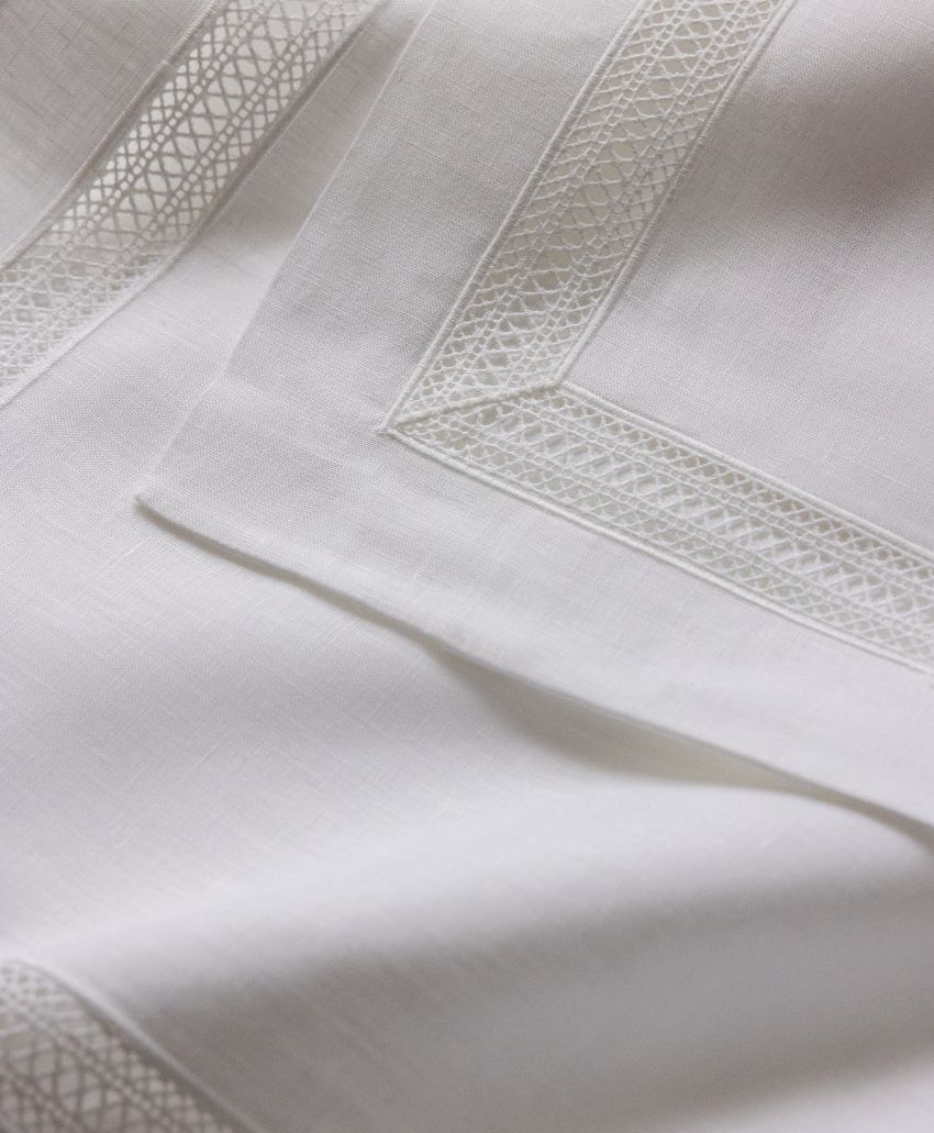 Close-up of white linen fabric featuring decorative, geometric lace trim along the edges, showcasing delicate, intricate stitching and a soft, elegant texture.
