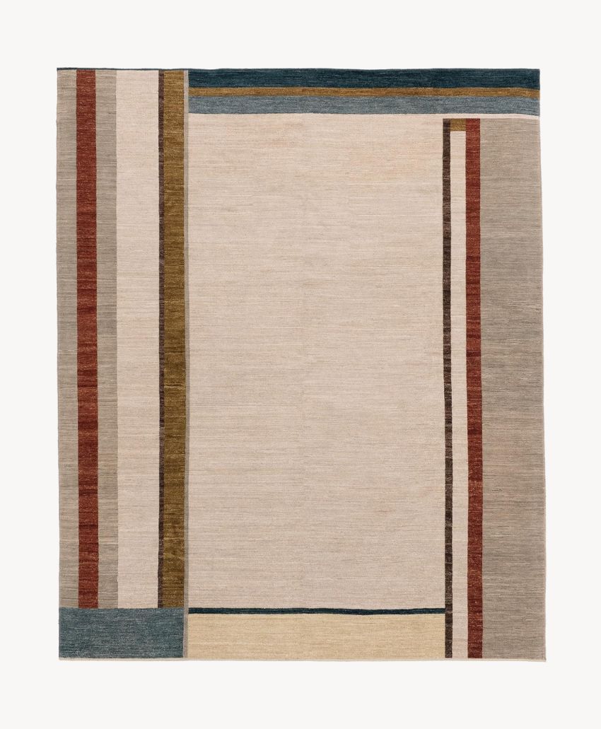 A rectangular area rug with a beige base, featuring geometric stripes in rust, olive, blue, and mustard along the edges, creating a modern, minimalist border design.