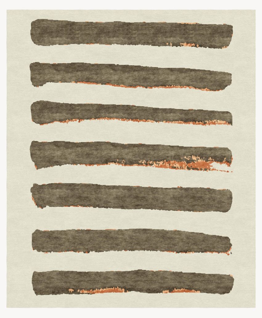 Seven uneven, horizontal brushstrokes in dark brown with hints of rust orange, arranged parallel on a light beige background. The strokes have a textured, hand-painted appearance.