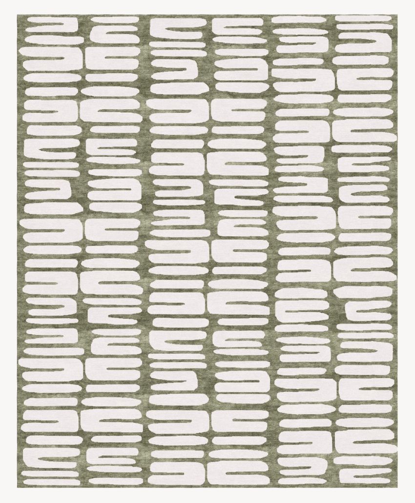 A rectangular rug with a repeating pattern of white, irregular, horizontal oval shapes on a light olive green background, creating a modern, geometric design.