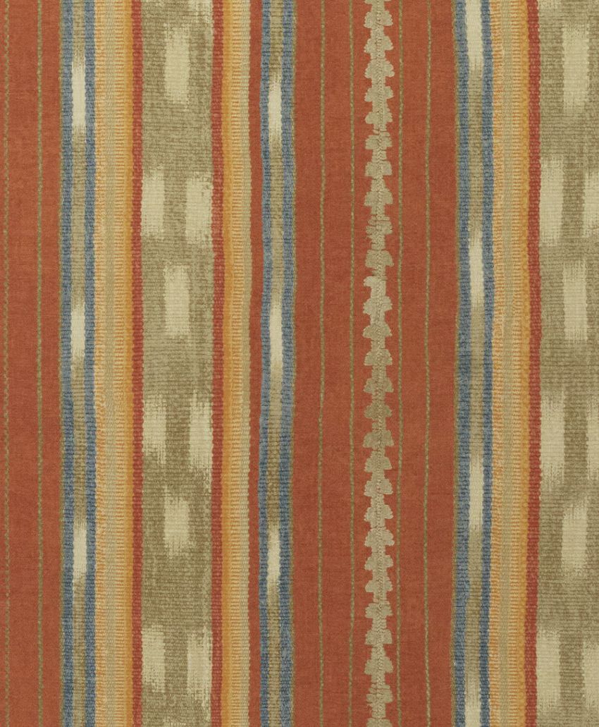 Fabric with a vertical striped pattern in earthy tones, including rust red, olive green, beige, and thin blue, yellow, and orange lines. Some stripes feature geometric or zigzag designs.