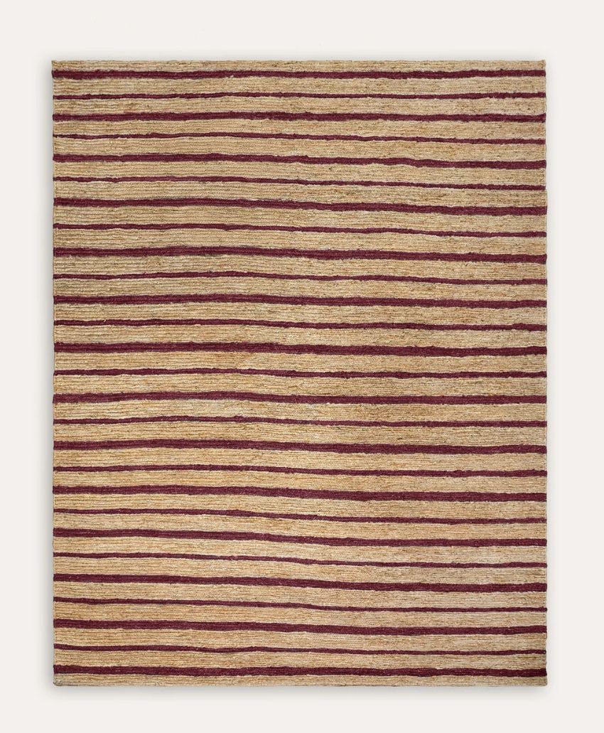 A rectangular rug with a beige background and evenly spaced, horizontal maroon stripes running across its surface.